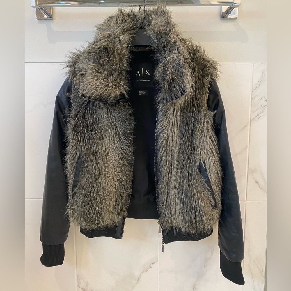 Black Leather and Grey Fur Armani Exchange Bomber Jacket